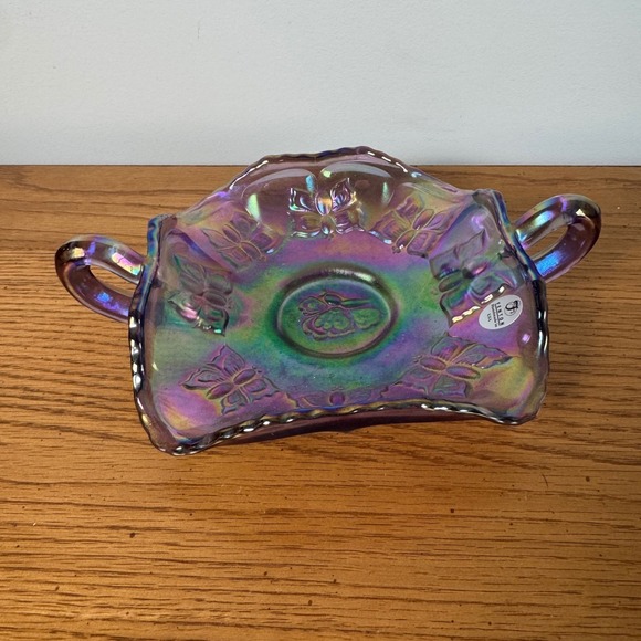 Fenton Iridescent Purple Carnival Glass Candy Dish with Handles Butterfly Rose - Picture 8 of 11